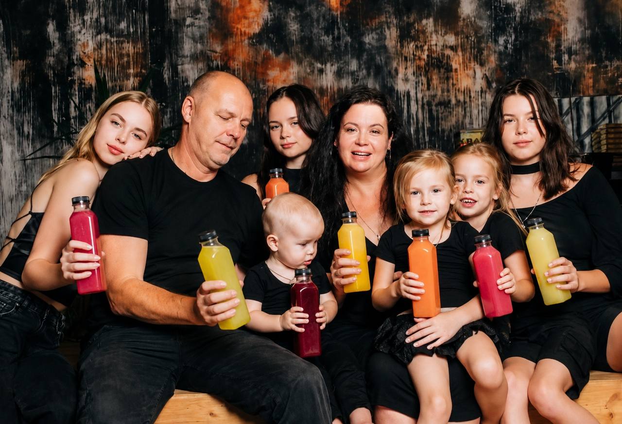 ART Juice Life family holding fresh natural juices